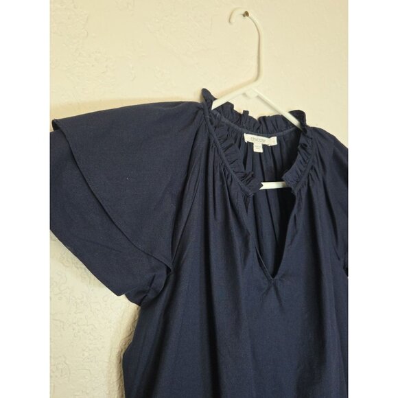 Chico's Size 1 Medium Blue Tiered Flutter Sleeve Midi-Length Ruffle V-Neck - Picture 3 of 7